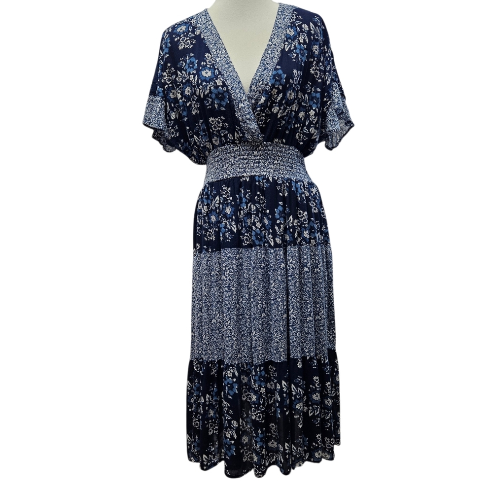 J. Gee Boho Mixed Floral Print Smocked Waist Madi Dress Navy Blue Size PXL